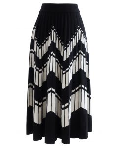 Falda de punto plisada en zigzag en contraste en negro