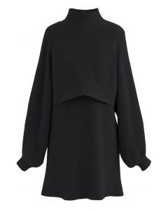 Conjunto de suéter corto con cuello simulado y vestido de punto sin mangas en negro