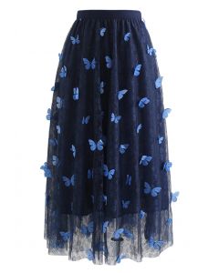 Falda de malla de encaje de mariposa 3D de doble capa en azul marino