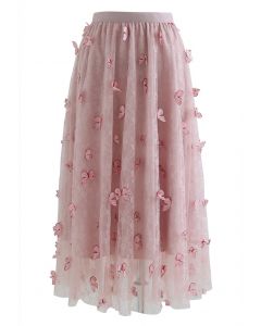 Falda de malla de encaje de mariposa 3D de doble capa en rosa