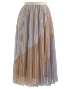 Falda midi de tul plisada de doble capa multicolor en tostado claro