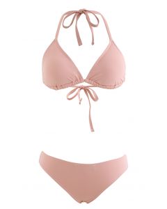Conjunto de bikini de cintura alta con cuello halter rosa nude