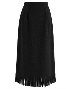 Falda de tubo con dobladillo de flecos de cintura alta en negro