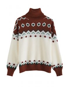 Suéter de punto con mosaico de bloque de color de cuello alto en rojo óxido