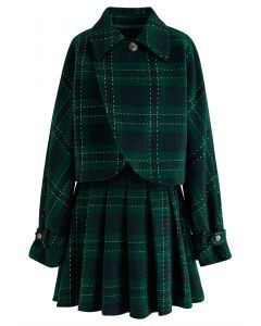 Conjunto de chaqueta corta de tweed a cuadros metalizados y falda plisada en verde