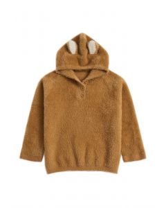 Lindo suéter con capucha de punto borroso de oso en tostado para niños
