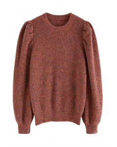 Suéter acanalado de manga farol de mezcla de punto en rojo óxido