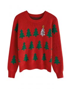 Suéter de punto de árbol de Navidad con lentejuelas en rojo
