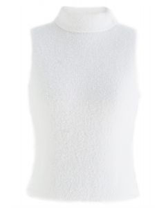 Camiseta sin mangas de punto difuso con cuello alto en blanco