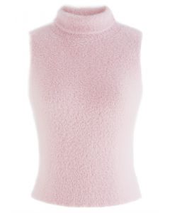 Camiseta sin mangas de punto difuso con cuello alto en rosa