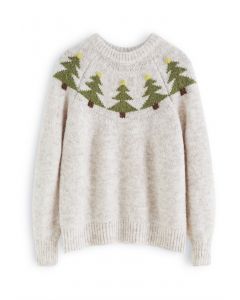 Suéter de punto grueso con pompones de árbol de Navidad en marfil