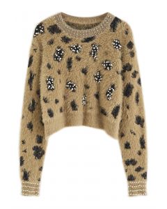 Suéter corto de punto difuso de leopardo nacarado en caqui