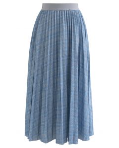 Falda midi plisada con estampado de cuadros azules