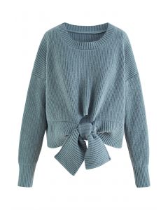Self-Tie Knot Round Neck Knit Sweater in Dusty Blue