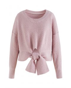 Self-Tie Knot Round Neck Knit Sweater in Pink