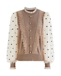 Pearly Mesh Spliced Sleeves Knit Top in Light Tan