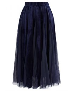 Mesh Velvet Panelled Midi Skirt in Navy