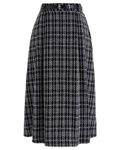Grid Belted Flare Tweed Midi Skirt in Black