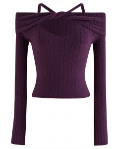 Cold-Shoulder Twist Cutout Crop Knit Top in Purple