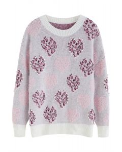 Fuzzy Pearly Leopard Heart Knit Sweater