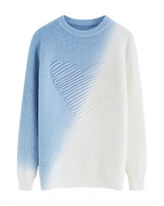 Gradient Doodle Heart Knit Sweater in Blue