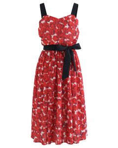 Encantador vestido camisero fruncido con lazo y rosa roja