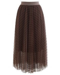 Falda de malla plisada con rayas brillantes en marrón