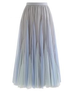 Falda larga con volantes de malla con paneles de bloque de color en azul polvoriento