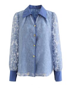 Camisa de Organdí semitransparente de jacquard floral en azul