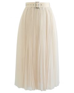Falda midi de malla de doble capa con pliegues completos en crema