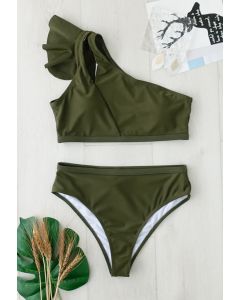 Conjunto de bikini de un solo hombro con volantes en verde militar