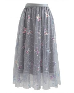 Falda de tul de malla bordada con mariposas de lentejuelas en gris