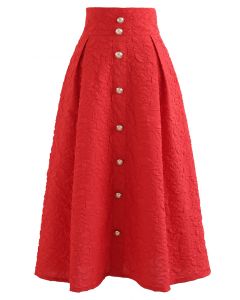Falda midi con botones en relieve y cintura alta en rojo