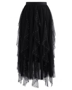 Falda de tul plisada con decoración de cuentas dispersas en negro