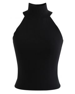 Camiseta sin mangas de punto ajustada con cuello halter en negro