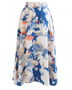 Falda midi con estampado floral abstracto en azul