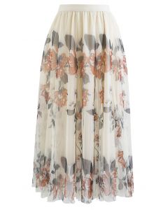 Falda midi de malla de doble capa con estampado floral en crema