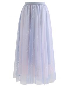 Falda larga de malla de varios colores con lentejuelas relucientes en azul