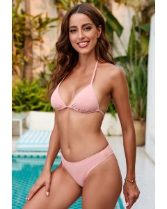 Conjunto de bikini de cintura alta con cuello halter rosa nude