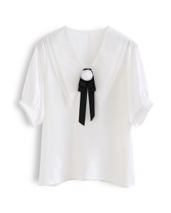Rose Brooch Organza Collar Satin Shirt in White