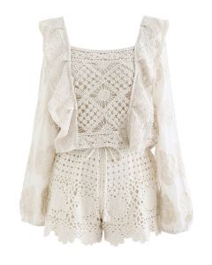 Conjunto de top y shorts de algodón de ganchillo floral calado en lino