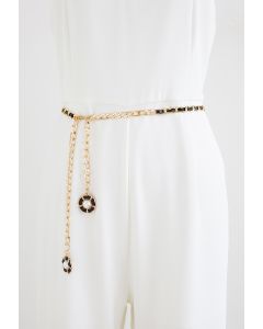 Cinturón con cadena dorada de piel sintética con perlas florales en negro