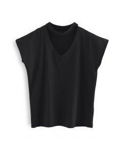 Camiseta de algodón sin mangas con cuello en V y gargantilla en negro