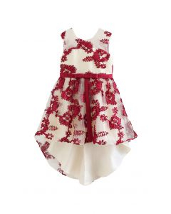 Vestido asimétrico de tul bordado floral en burdeos para niños