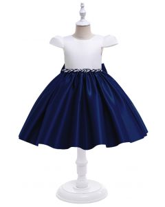 Vestido de princesa con mangas casquillo en la cintura con pedrería en azul marino para niños