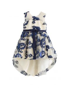 Vestido de tul bordado floral asimétrico en azul marino para niños
