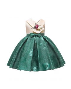 Vestido de princesa de jacquard floral con lazo en esmeralda para niños