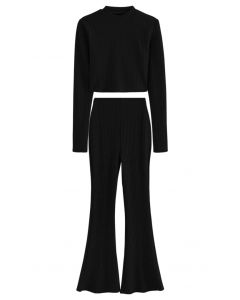 Conjunto de top corto suave y pantalones acampanados de moda en negro