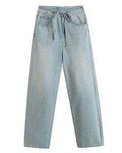 Jeans de pernera ancha con lazo en la cintura