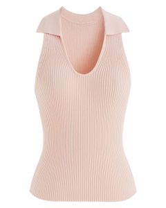 Camiseta sin mangas de punto con cuello vuelto en rosa